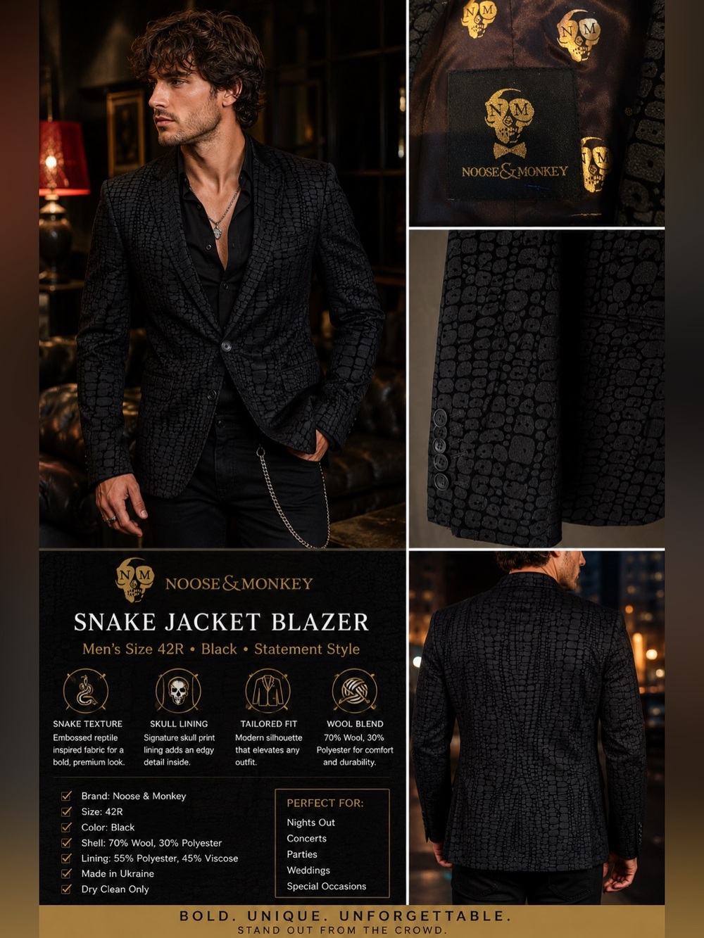 Noose & Monkey Snake Texture Blazer Men's 42R Black Skull Lining Wool Blend